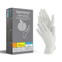 Фото Benovy Nitrile - Бинови Перчатки нитриловые текстурированные на пальцах белые, L, 50 пар/уп
