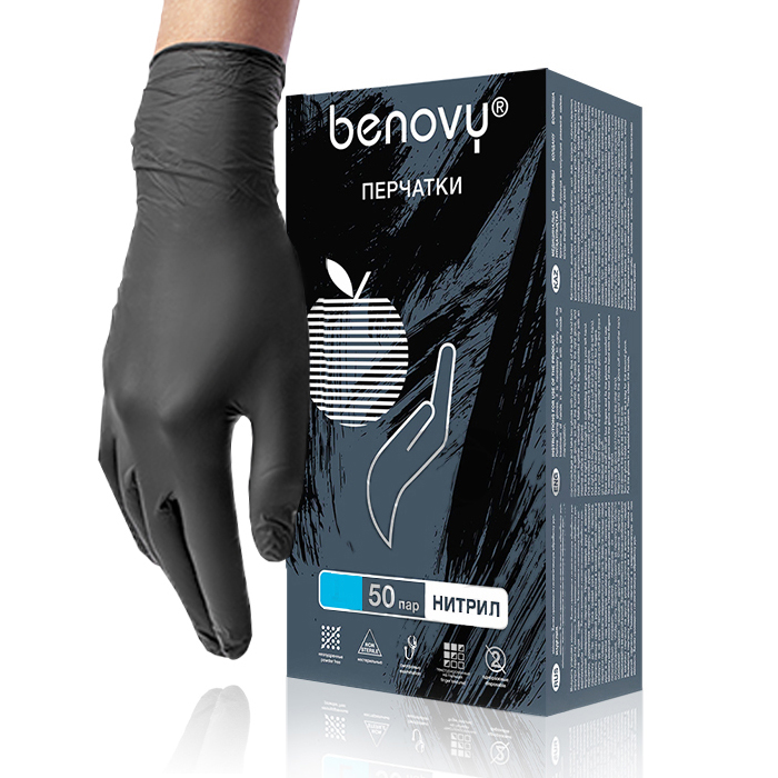 Benovy Nitrile - Бинови Перчатки нитриловые текстурированные на пальцах черные, M, 50 пар/уп -
